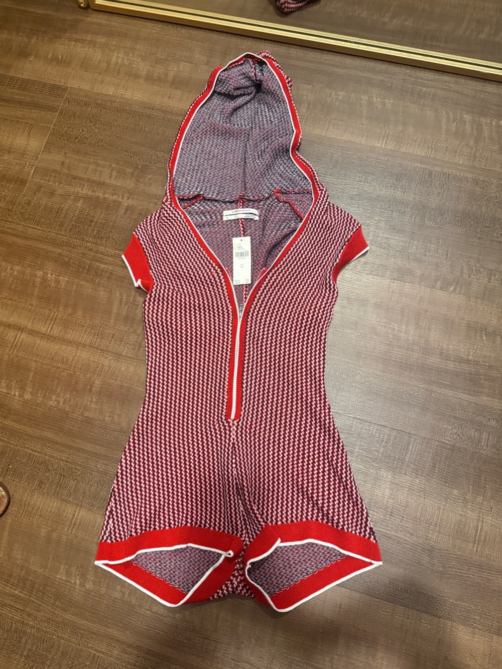 Anthropologie Red Hooded Knit One-Piece Romper with White Trim